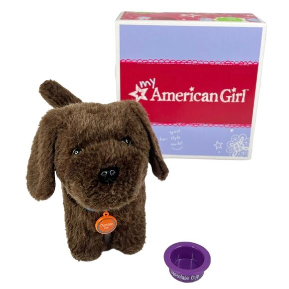 American Girl Pet Dog Bowl Collar Chocolate Chip Brown Labrador Retriever Plush - Picture 2 of 8